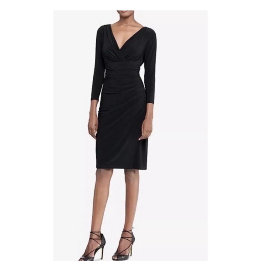 Lauren Ralph Lauren Rushed Jersey Dress 6 Black Stretch V-neck 3/4 Sleeve 1903